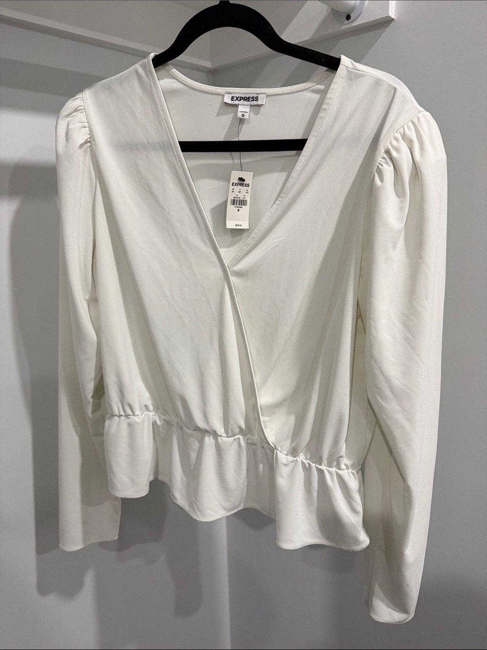 Express White V-Neck Peplum Long-Sleeve Blouse